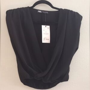 Zara NWT Draped Dramatic Plunge V-Neck Flowy Faux Wrap Silky Sleeveless Blouse